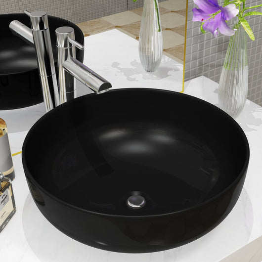 Lavandino-Lavabo-Lavello Tondo in Ceramica Nero 41,5x13,5 cm