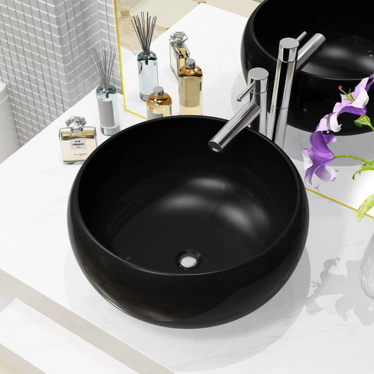 Lavandino-Lavabo-Lavello Tondo in Ceramica Nero 40 x 15 cm 924146