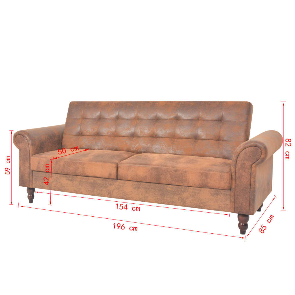 Divano letto trasformabile con braccioli 196 x 97 x 59 cm pelle scamosciata sintetica marrone 02_0019646