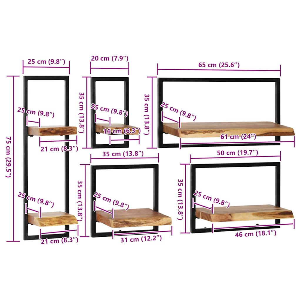 Set di Mensole 5 pz in Legno Massello di Acacia e Acciaio cod mxl 53157