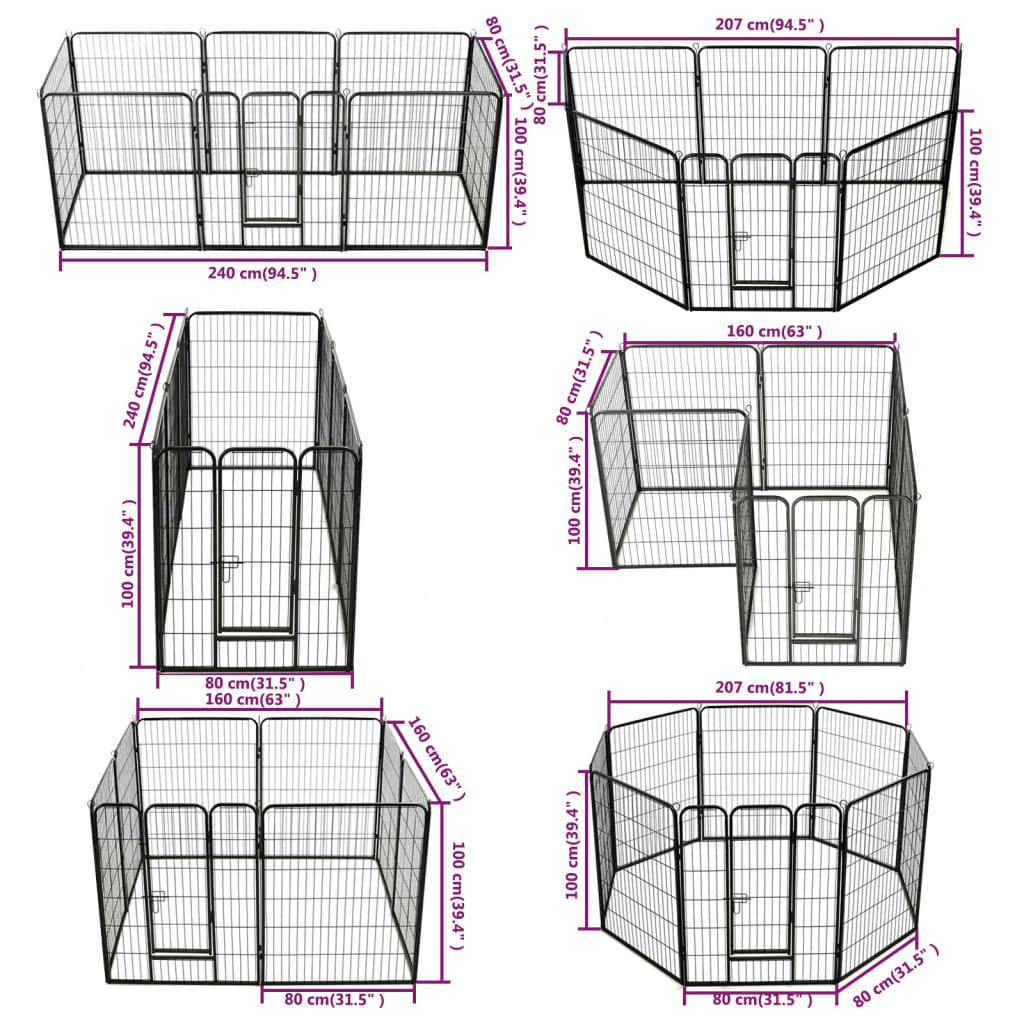 Box per Cani con 8 Pannelli in Acciaio 80x100 cm Nero cod mxl 50368