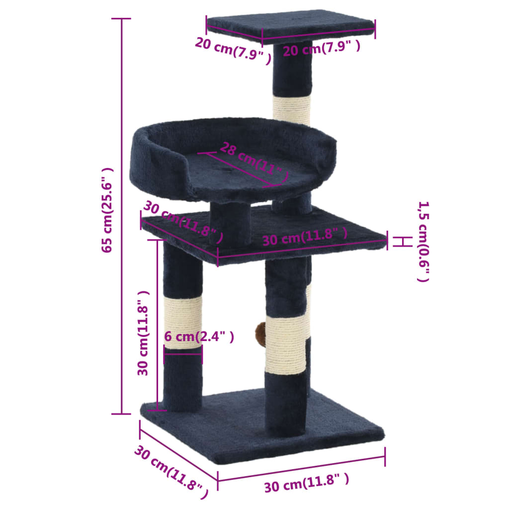 Albero per Gatti con Tiragraffi in Sisal 65 cm Blu 170611