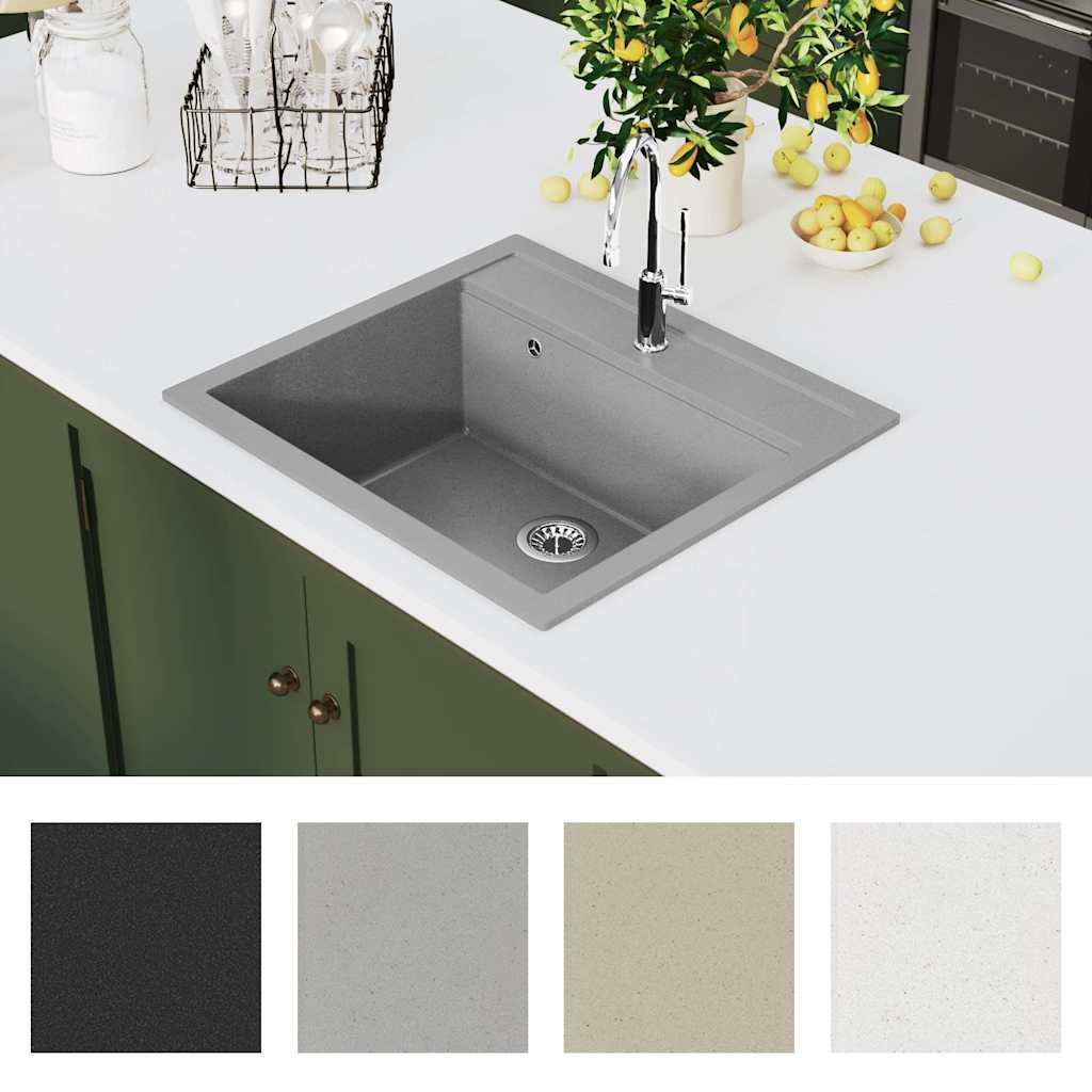 Lavello da Cucina in Granito Vasca Singola-Lavandino-Lavabo Grigio 940609