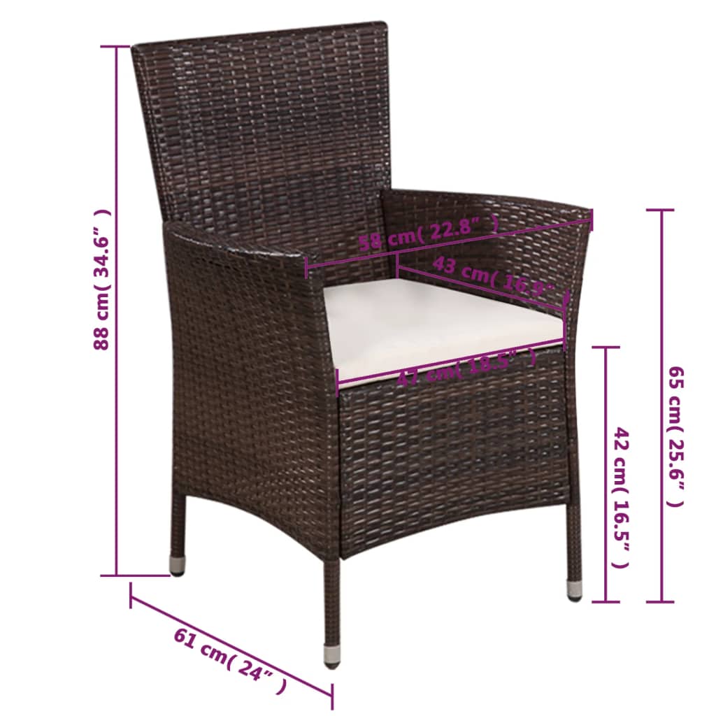 Sedia da Esterno con Sgabello e Cuscini in Polyrattan Marrone 44090