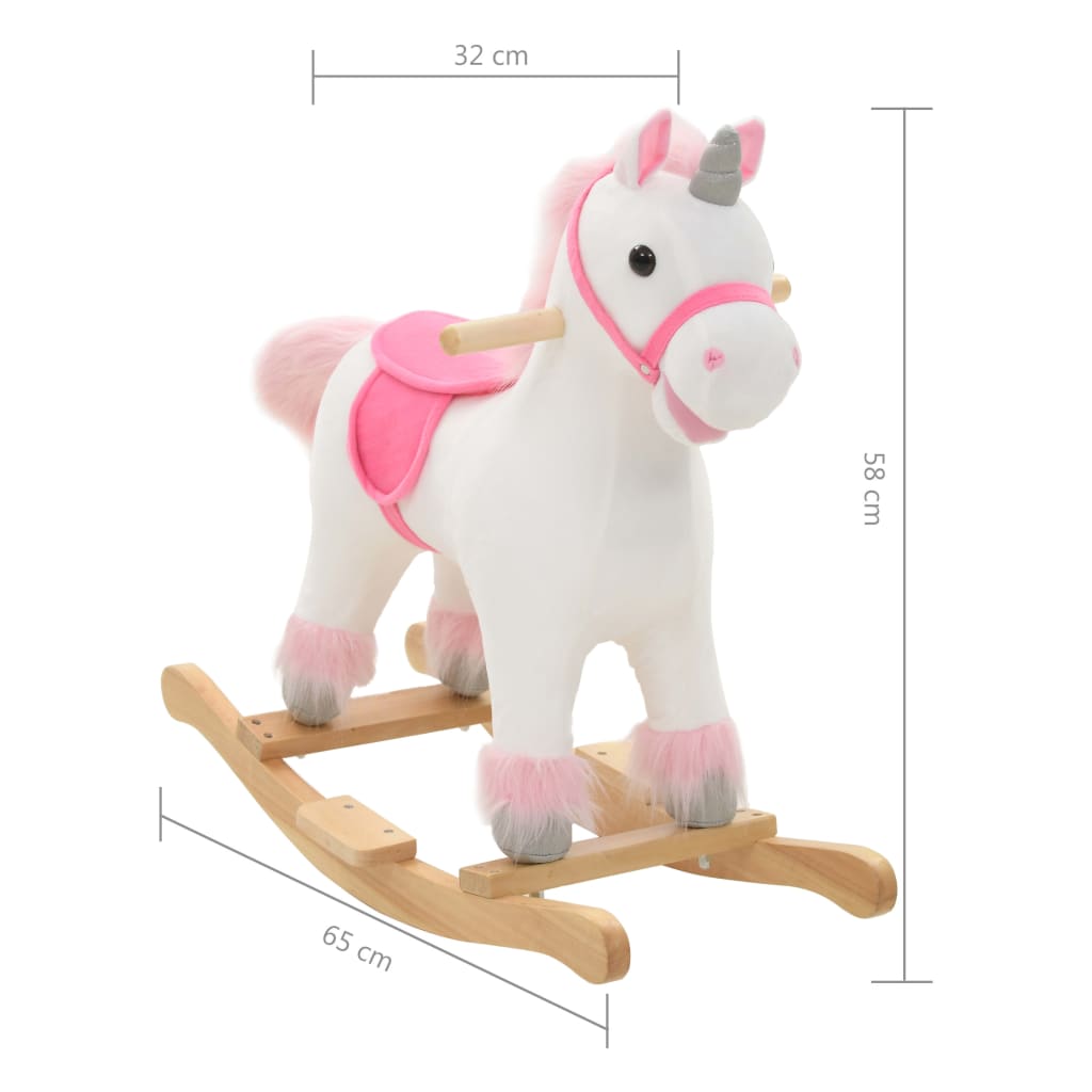 Unicorno a Dondolo in Peluche 65x32x58 cm Bianco e Rosa 80219