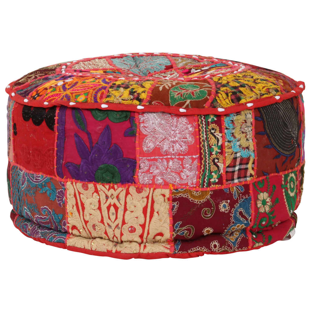 Pouf Patchwork Rotondo Fatto a Mano in Cotone 40x20 cm Rosso 246571