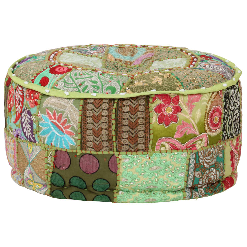 Pouf Patchwork Rotondo Fatto a Mano in Cotone 40x20 cm Verde 246573