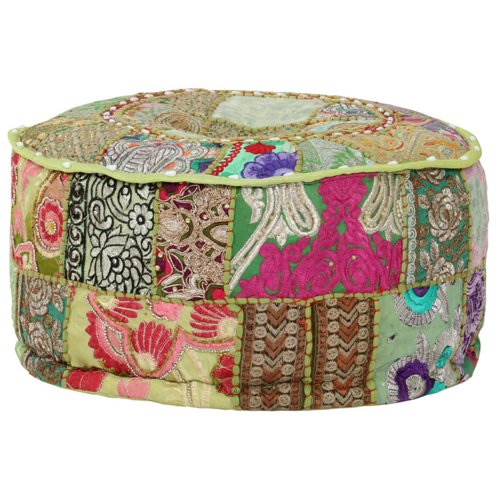 Pouf Patchwork Rotondo Fatto a Mano in Cotone 40x20 cm Verde