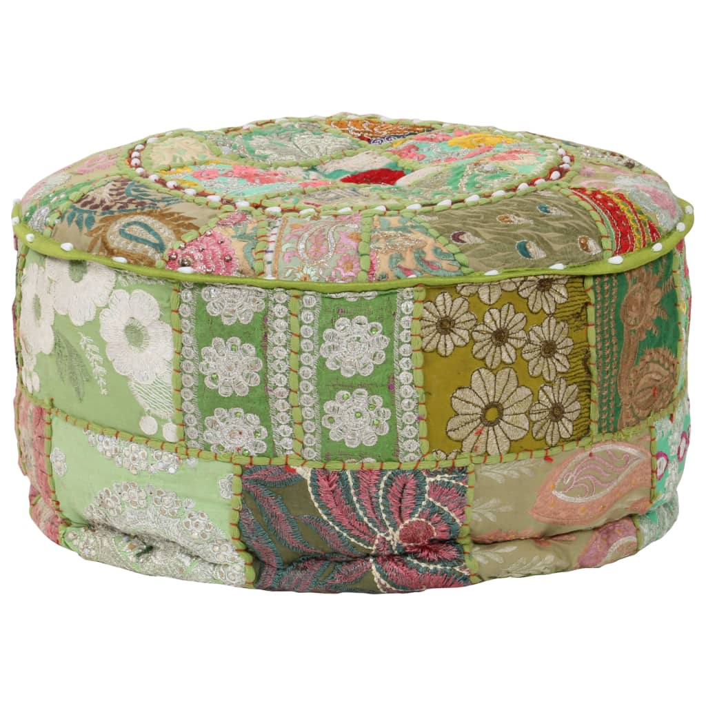 Pouf Patchwork Rotondo Fatto a Mano in Cotone 40x20 cm Verde