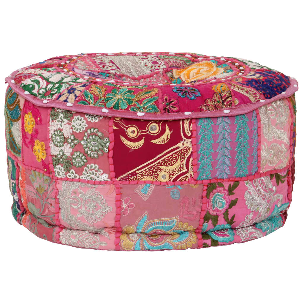 Pouf Patchwork Rotondo Fatto a Mano in Cotone 40x20 cm Rosa 246574