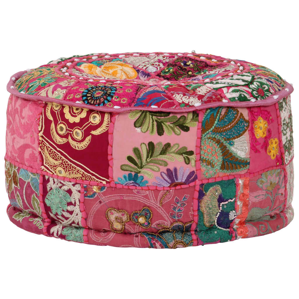 Pouf Patchwork Rotondo Fatto a Mano in Cotone 40x20 cm Rosa 246574