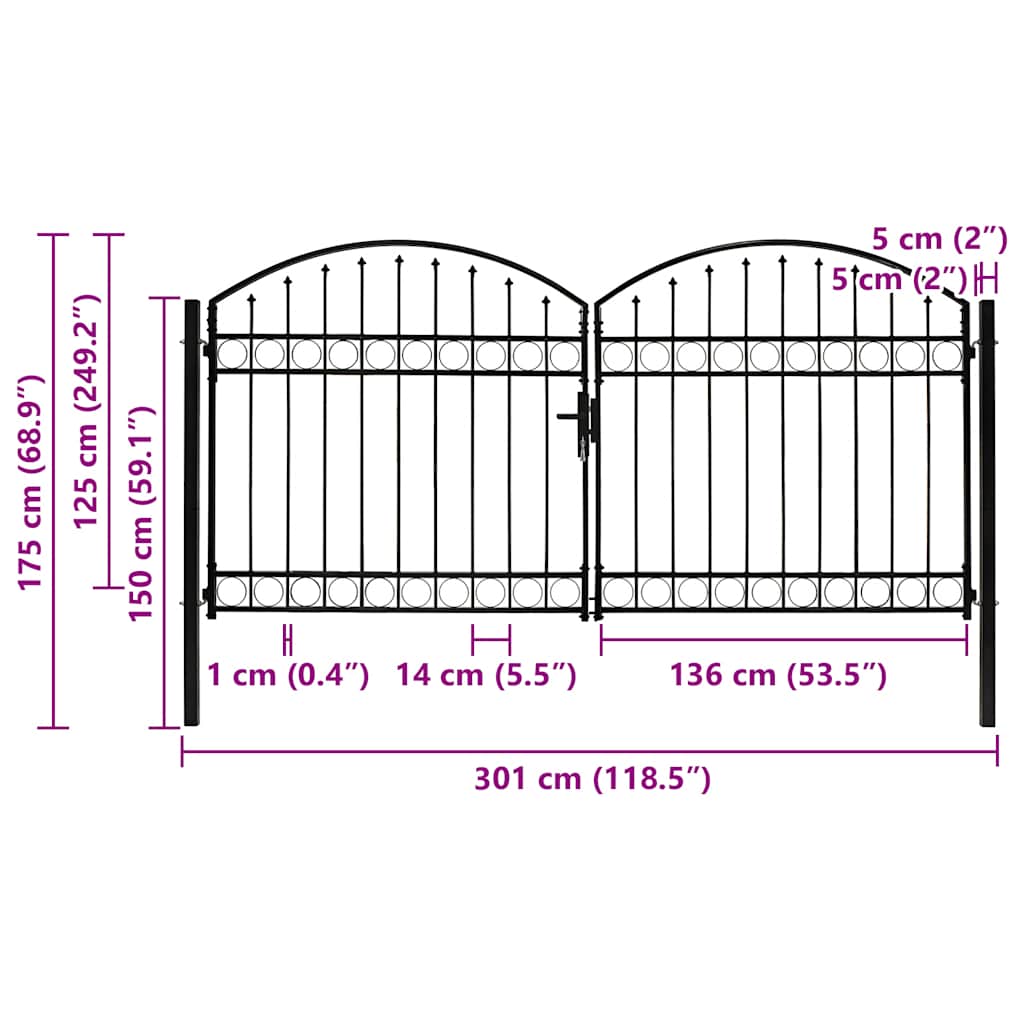 Cancello a Doppia Anta ad Arco in Acciaio 300x125 cm Nero 143089