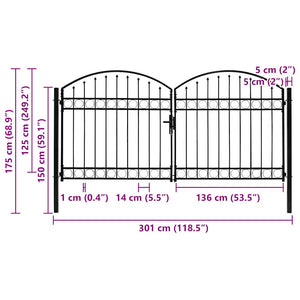 Cancello a Doppia Anta ad Arco in Acciaio 300x125 cm Nero 143089