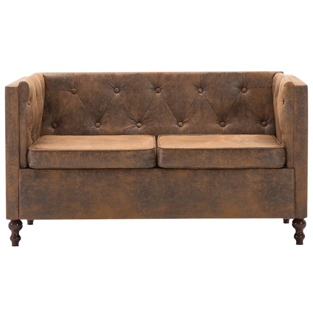 Divano Chesterfield a 2 Posti in Tessuto Scamosciato Marrone 247156