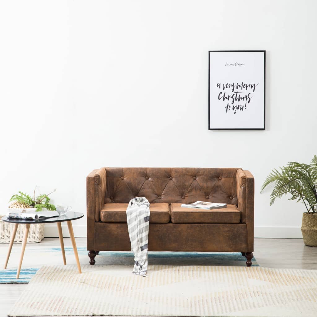 Divano Chesterfield a 2 Posti in Tessuto Scamosciato Marrone 247156