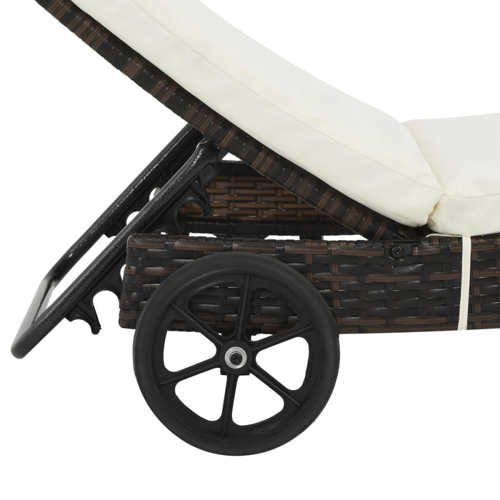 Lettino Prendisole con Ruote e Cuscino in Polyrattan Marrone 44453