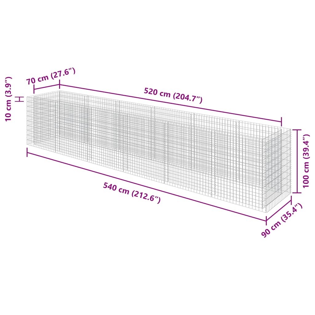 Gabbione Letto Rialzato in Acciaio Zincato 540x90x100 cm