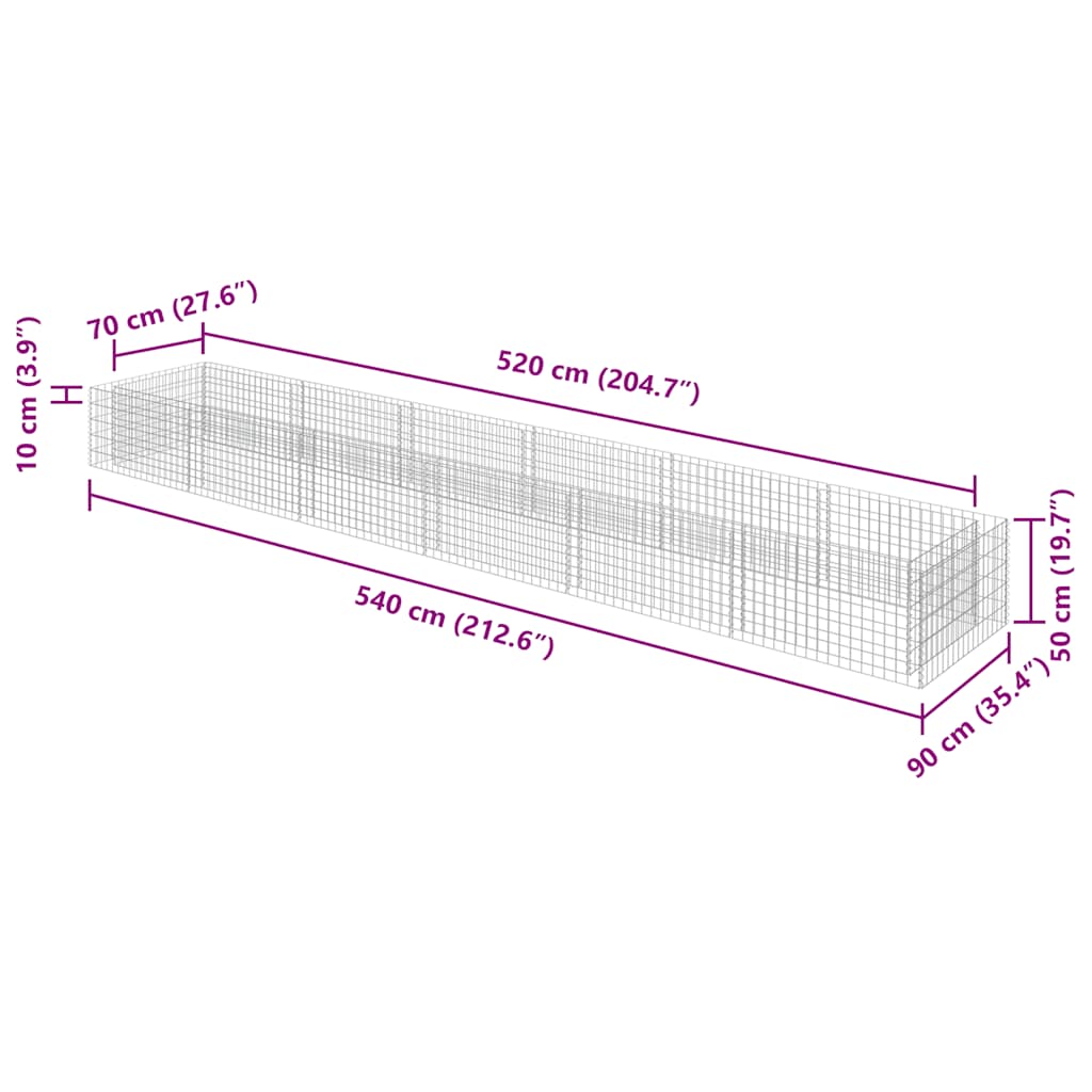Gabbione Letto Rialzato in Acciaio Zincato 540x90x50 cm