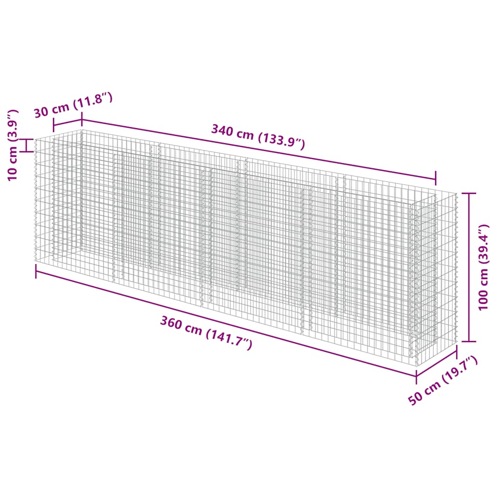 Gabbione Letto Rialzato in Acciaio Zincato 360x50x100 cm cod mxl 54012