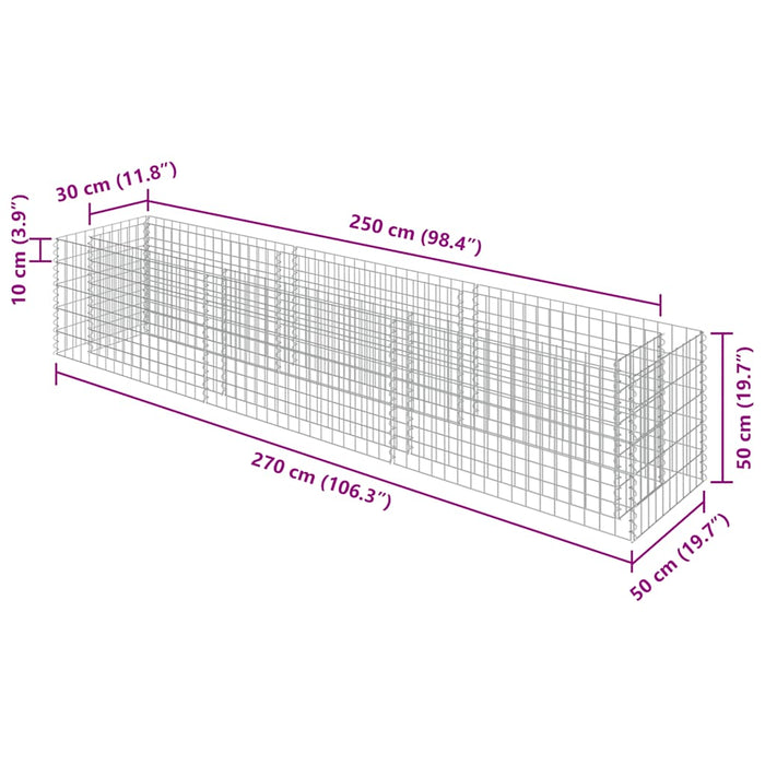 Gabbione Letto Rialzato in Acciaio Zincato 270x50x50 cm 143563