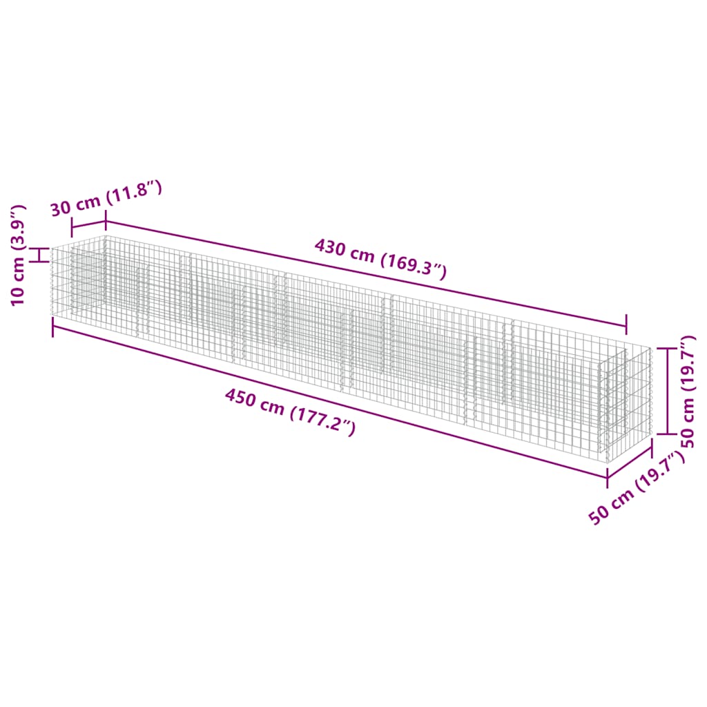 Gabbione Letto Rialzato in Acciaio Zincato 450x50x50 cm cod mxl 67354