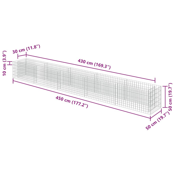 Gabbione Letto Rialzato in Acciaio Zincato 450x50x50 cm cod mxl 67354