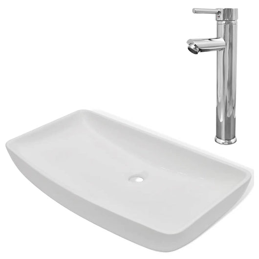 Lavabo rettangolare in ceramica e miscelatore 71 x 38 cm bianco 02_0002839