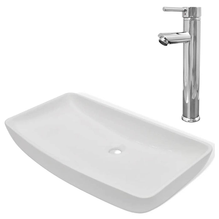 Lavabo rettangolare in ceramica e miscelatore 71 x 38 cm bianco 02_0002839