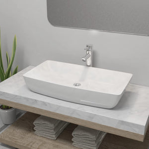 Lavello Bagno con Miscelatore-Lavandino-Lavabo in Ceramica Rettangolare Bianco