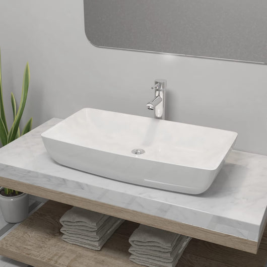 Lavello Bagno con Miscelatore-Lavandino-Lavabo in Ceramica Rettangolare Bianco