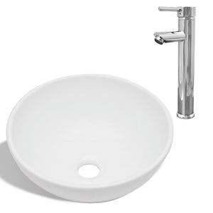 Lavello-Lavandino-Lavabo Bagno con Miscelatore in Ceramica Rotondo Bianco
