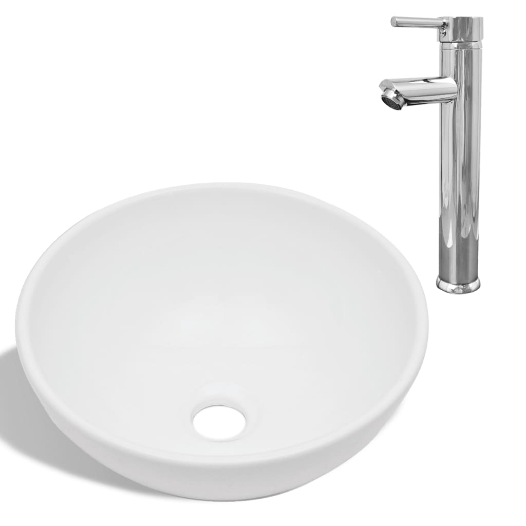 Lavello Bagno con Miscelatore in Ceramica Rotondo Bianco cod mxl 54156
