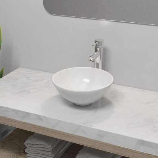 Lavello Bagno con Miscelatore in Ceramica Rotondo Bianco 275494