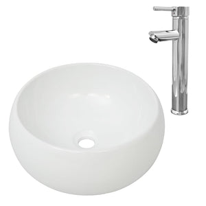 Lavello Bagno con Miscelatore-Lavandino-Lavabo in Ceramica Rotondo Bianco