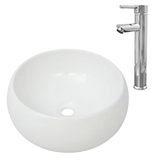 Lavello Bagno con Miscelatore in Ceramica Rotondo Bianco 275495