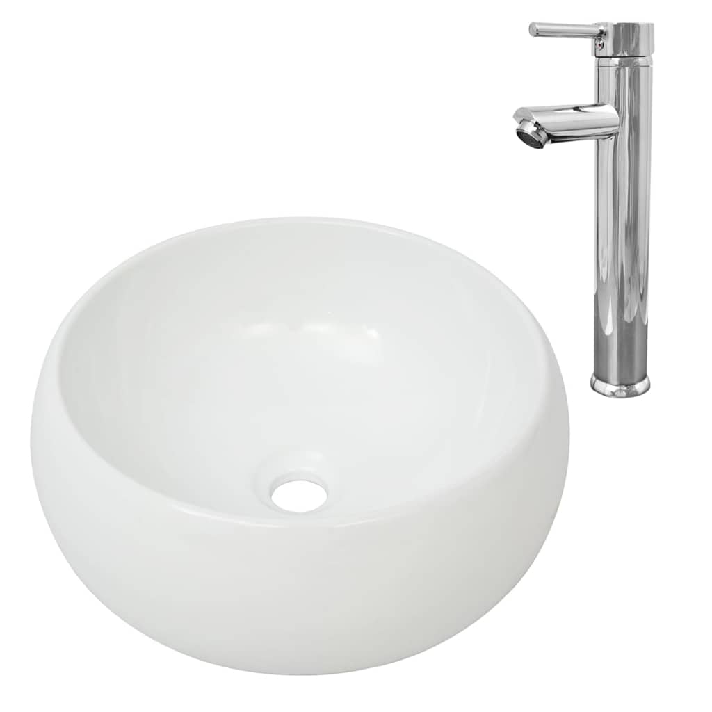 Lavandino da bagno diametro 40 cm con miscelatore tondo in ceramica bianco 02_0002841