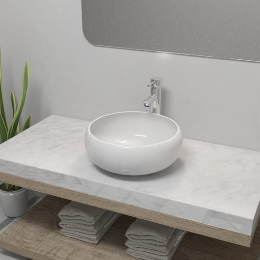 Lavello Bagno con Miscelatore-Lavandino-Lavabo in Ceramica Rotondo Bianco
