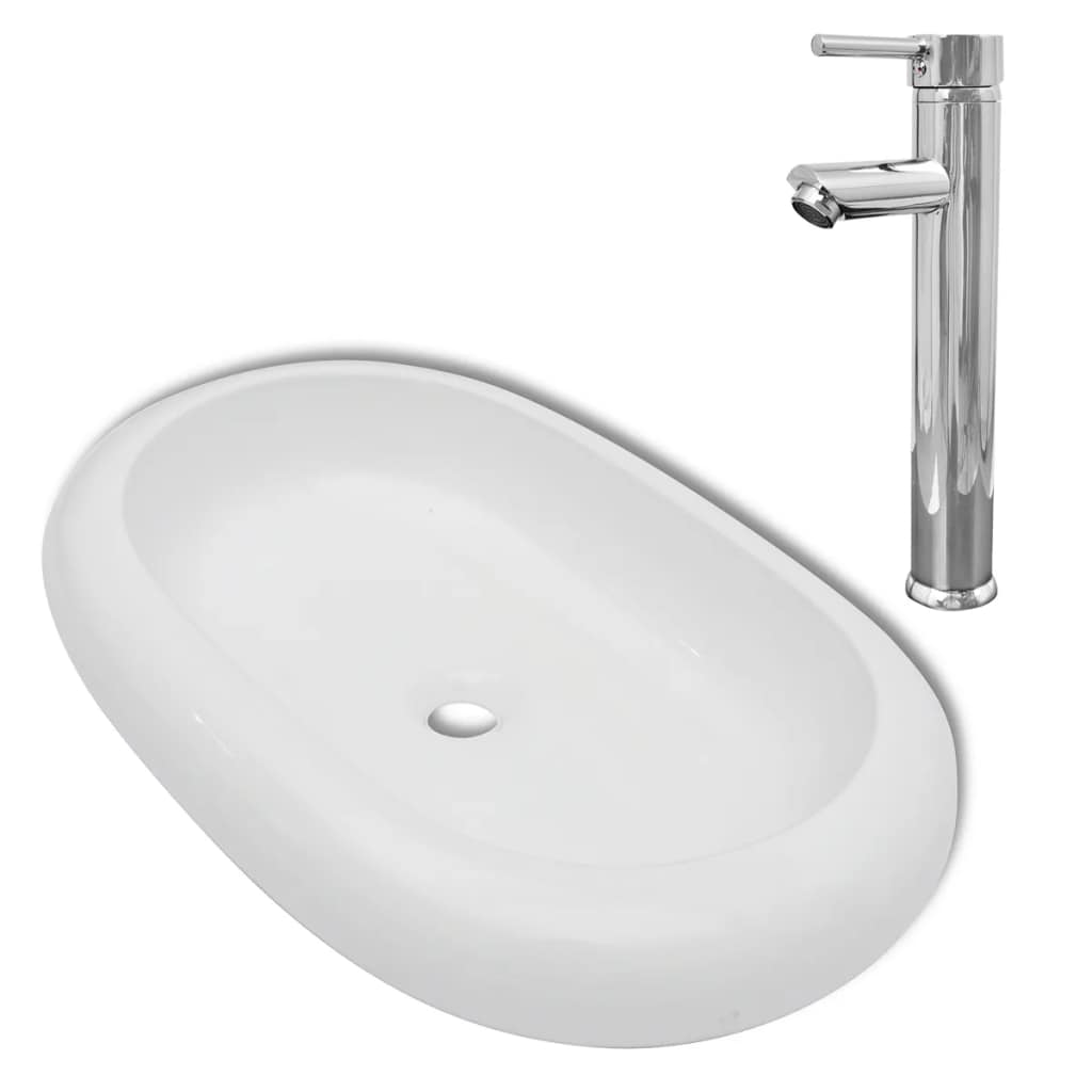Lavandino da bagno 63 x 42 cm con miscelatore ovale in ceramica bianco 02_0002842