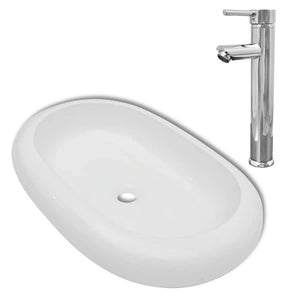 Lavandino da bagno 63 x 42 cm con miscelatore ovale in ceramica bianco 02_0002842