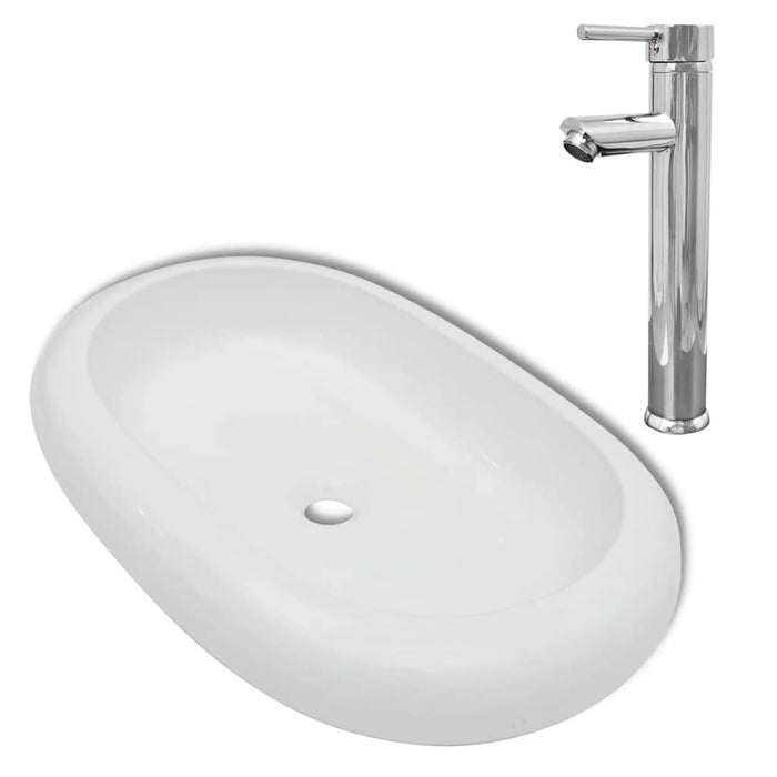 Lavandino da bagno 63 x 42 cm con miscelatore ovale in ceramica bianco 02_0002842