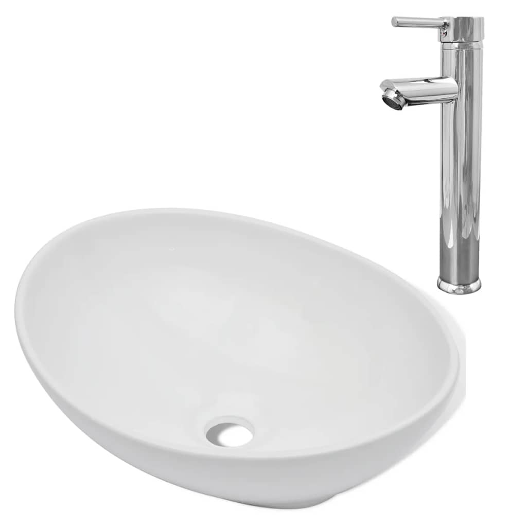 Lavandino da bagno con miscelatore ovale in ceramica bianco 02_0002843