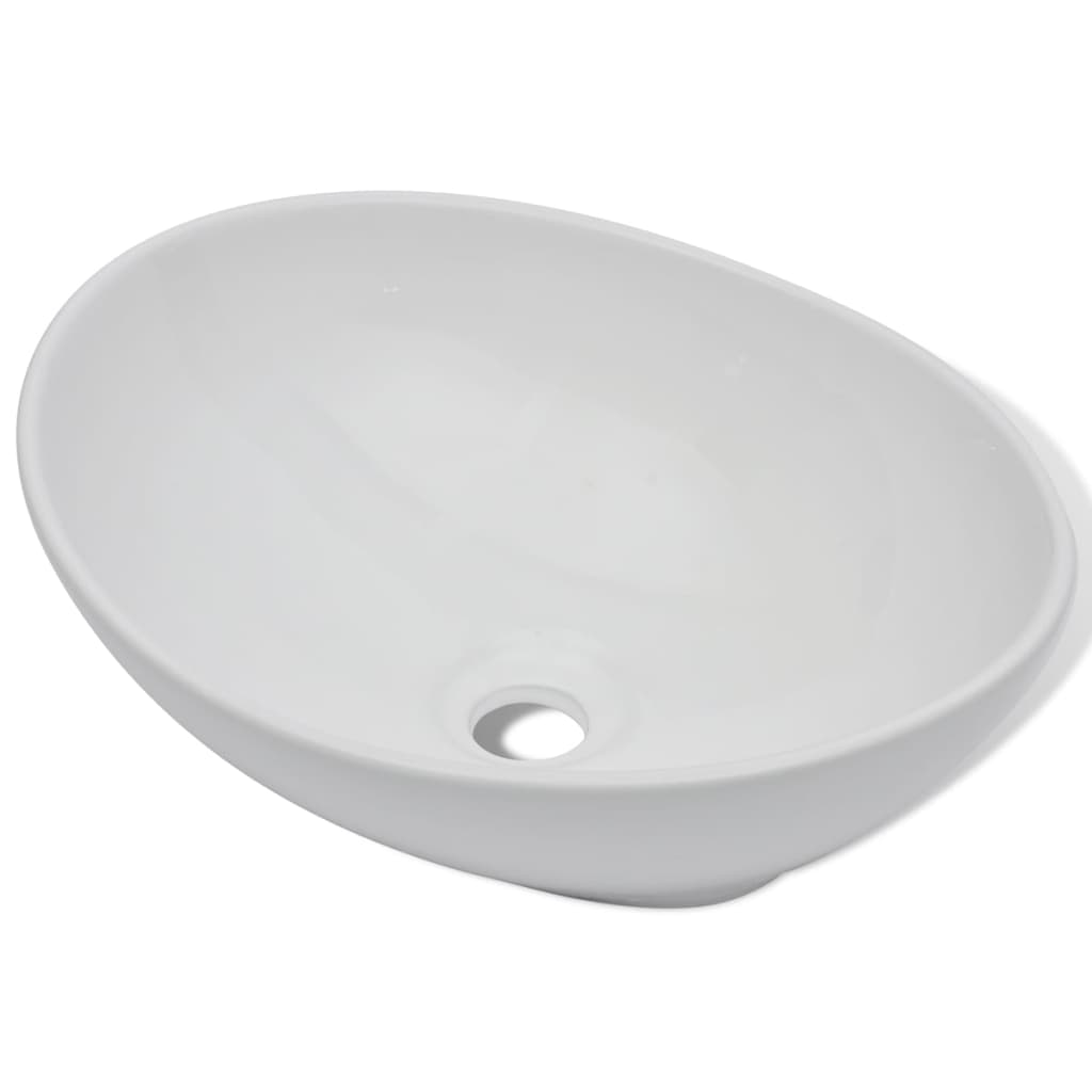 Lavello Bagno con Miscelatore-Lavandino-Lavabo in Ceramica Ovale Bianco 655592