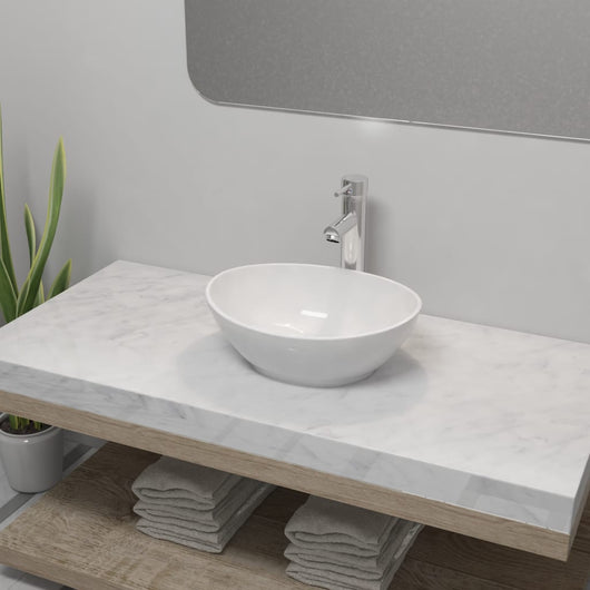 Lavello Bagno con Miscelatore-Lavandino-Lavabo in Ceramica Ovale Bianco 655592