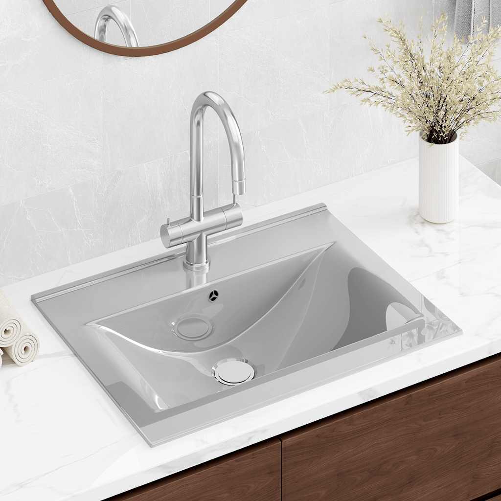 Lavandino con Troppopieno-Lavabo-Lavello 60x46x16 cm in Ceramica Argento