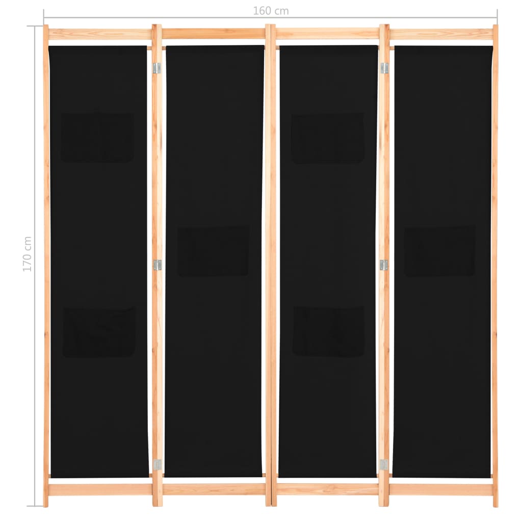 Parete divisoria divisorio mobile decorativo 4 pannelli nero 160x4 cm tessuto 0802092