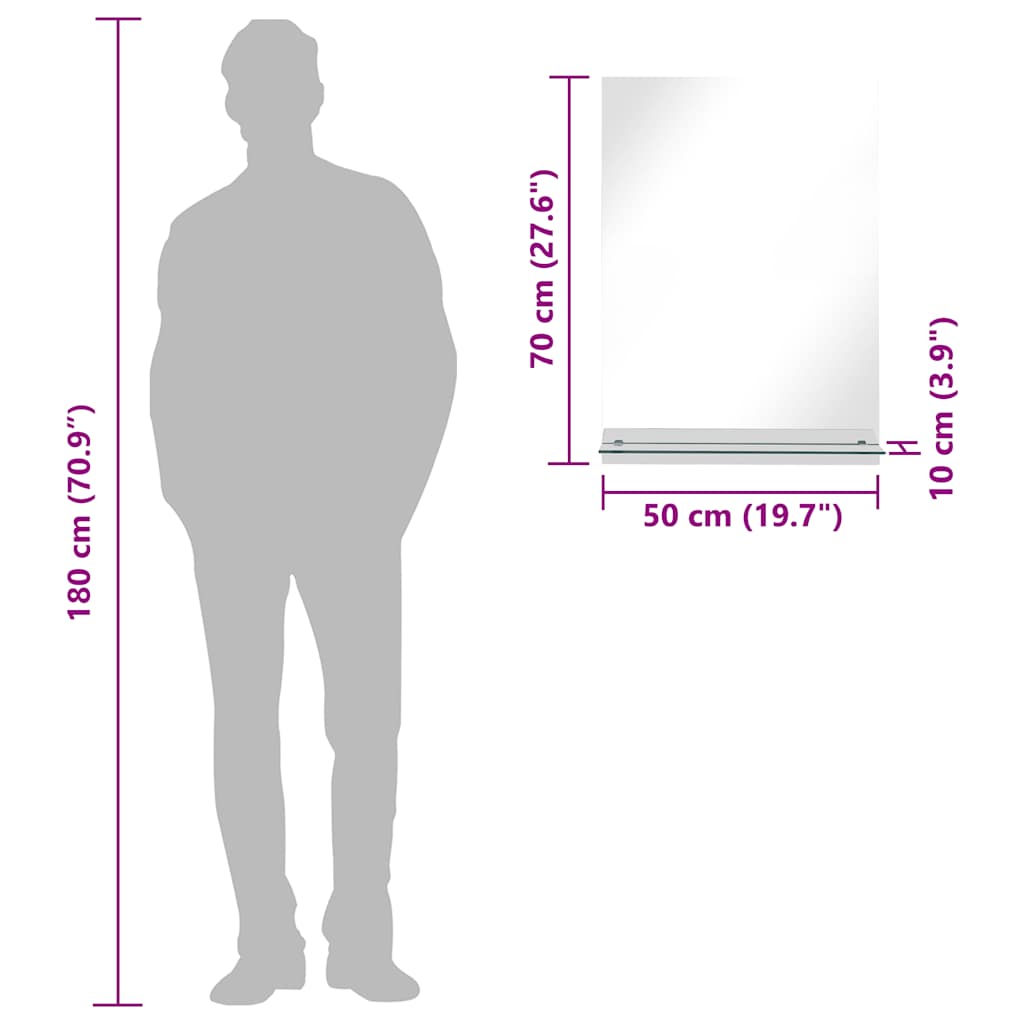 Specchio da Parete con Mensola 50x70 cm in Vetro Temperato 249440