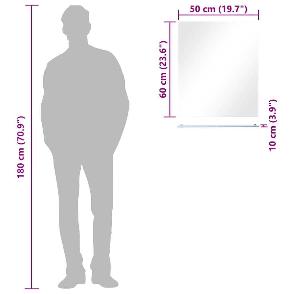 Specchio da Parete con Mensola-Specchio a Muro-Specchio Decorativo 50x60 cm in Vetro Temperato