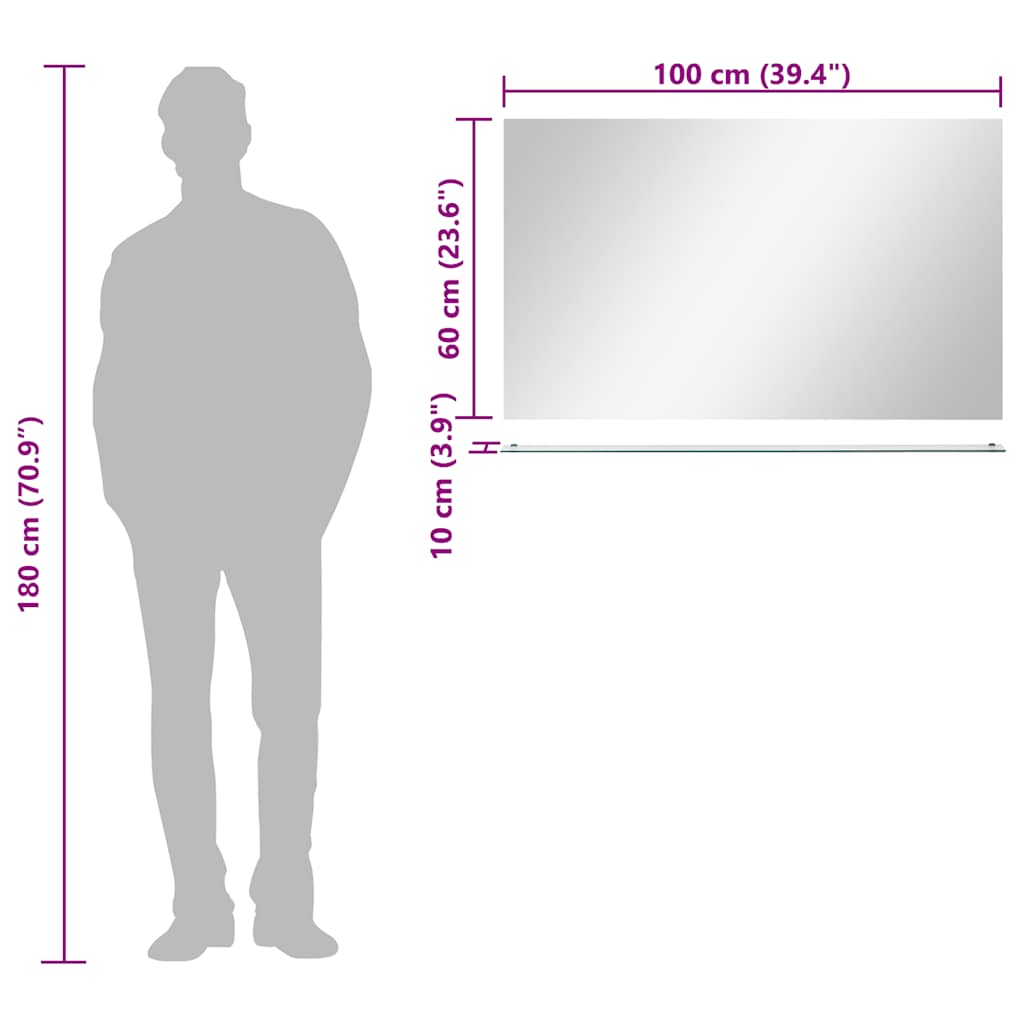 Specchio da Parete con Mensola-Specchio a Muro-Specchio Decorativo 100x60 cm in Vetro Temperato