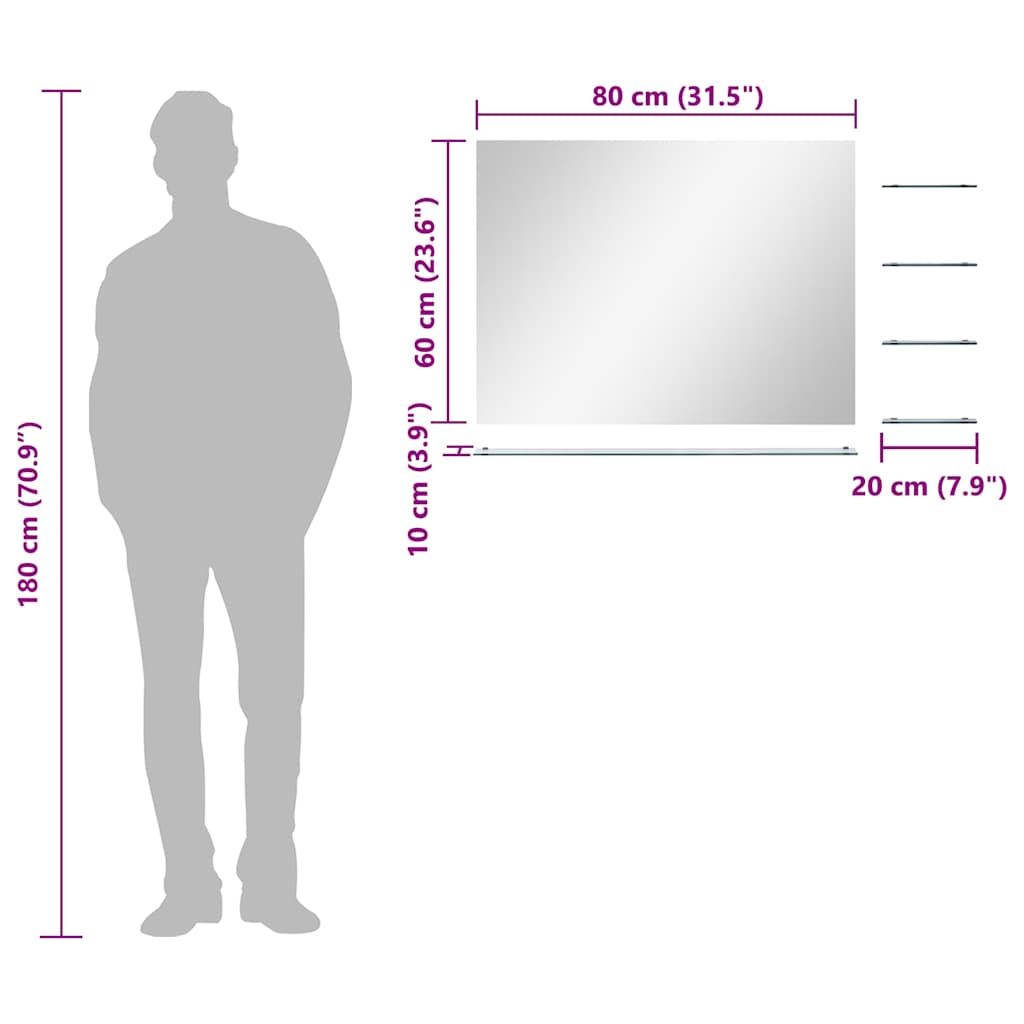 Specchio da Parete con 5 Mensole-Mensola con Specchio Argento 80x60 cm