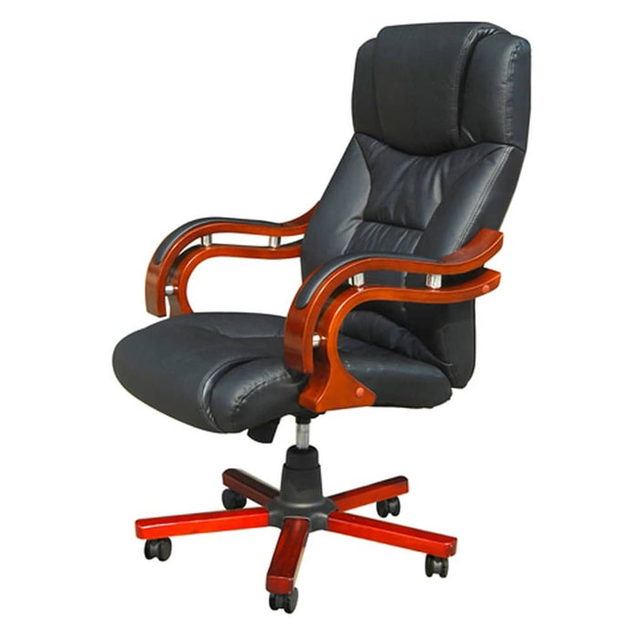 Sedia poltrona ufficio girevole VE legno e pelle, nera 20034